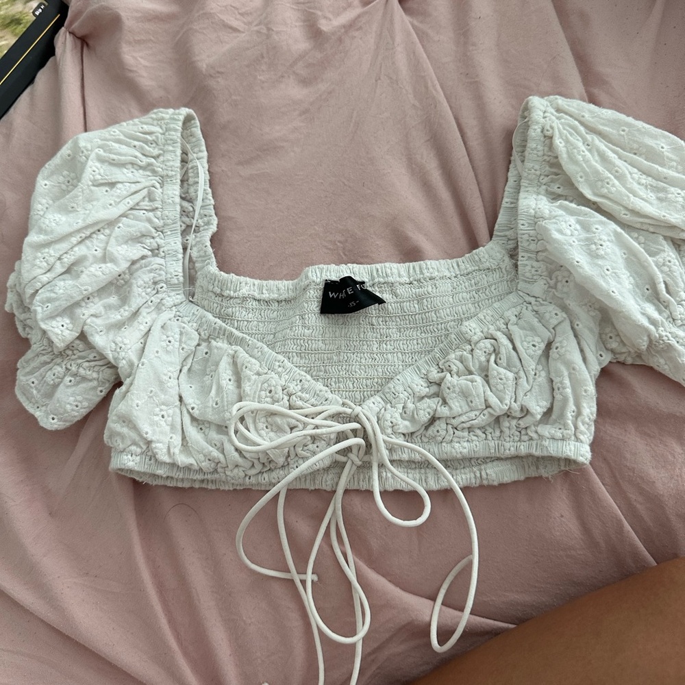 White Fox Boutique Green Puff Sleeve Crop Blouse